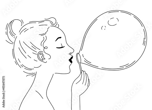 Girl blowing soap bubbles, Hand drawn illustration. Profile portrait of young beautiful woman with closed eyes. Line sketch 