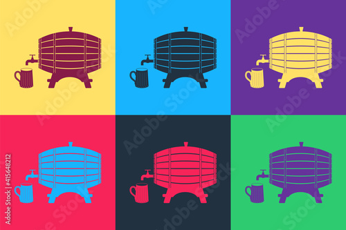 Pop art Wooden barrel on rack with stopcock and wooden beer mug icon isolated on color background. Vector.