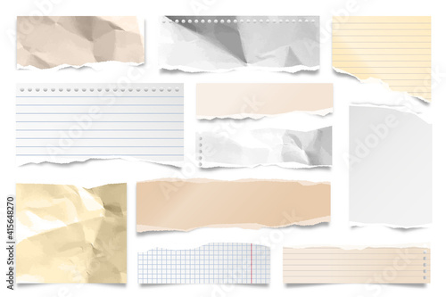 Colorful ripped paper strips isolated on white background. Realistic lined paper scraps with torn edges. Sticky notes, shreds of notebook pages. Vector illustration.