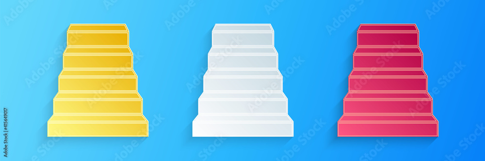 Paper cut Staircase icon isolated on blue background. Paper art style. Vector. Paper cut Staircase icon isolated on blue background. Paper art style. Vector.