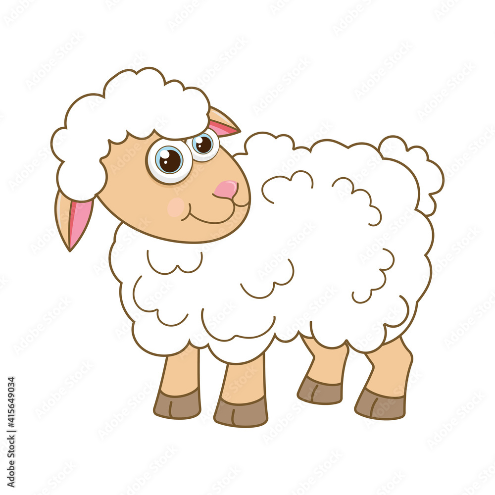 Sheep. Cartoon character young lamb isolated on white background. Template of cute farm animal. Education card for kids learning animals. Suitable for decoration and design. Vector in cartoon style. Sheep. Cartoon character young lamb isolated on white background. Template of cute farm animal. Education card for kids learning animals. Suitable for decoration and design. Vector in cartoon style.
