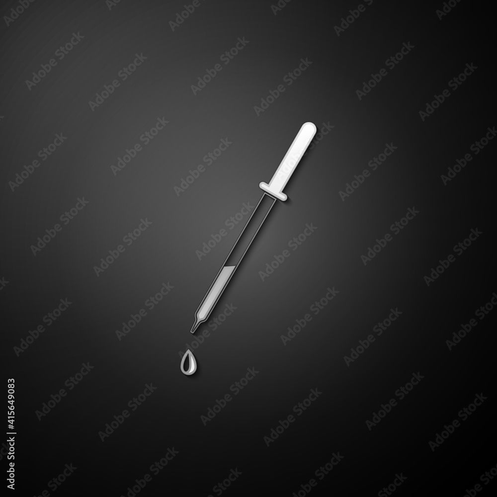 Silver Pipette icon isolated on black background. Element of medical, chemistry lab equipment. Pipette with drop. Medicine symbol. Long shadow style. Vector. Silver Pipette icon isolated on black background. Element of medical, chemistry lab equipment. Pipette with drop. Medicine symbol. Long shadow style. Vector.