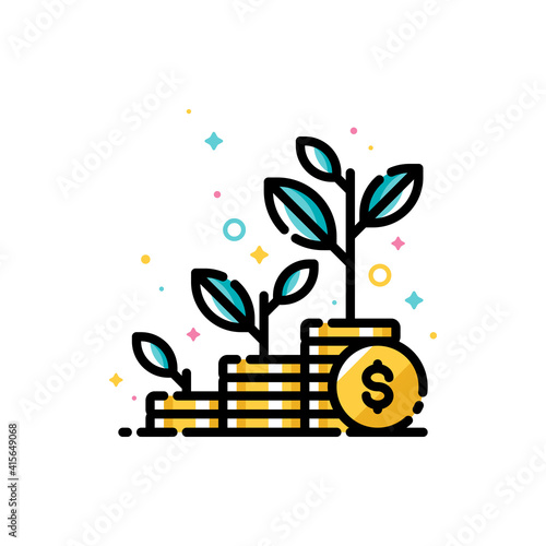 Financial investments or money savings concept with three stacks of coins and plants growing up. Flat filled outline style icon. Pixel perfect. Editable stroke. Size 72x72 pixels