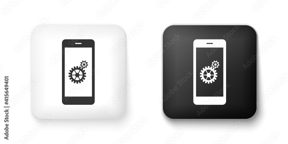 Black and white Setting on smartphone screen icon isolated on white background. Mobile and gear. Adjusting app, set options, repair, fixing phone concepts. Square button. Vector.