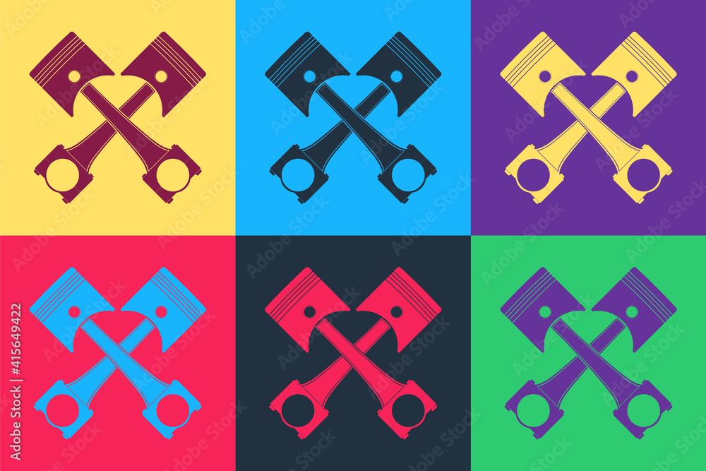 Pop art Two crossed engine pistons icon isolated on color background. Vector.
