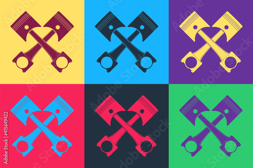 Pop art Two crossed engine pistons icon isolated on color background. Vector.