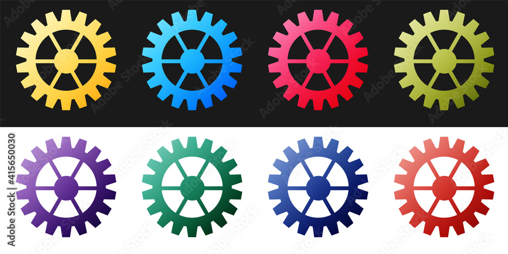 Set Gear icon isolated on black and white background. Cogwheel gear settings sign. Cog symbol. Vector.