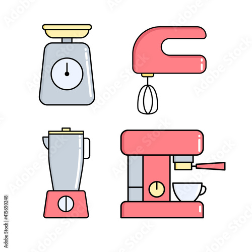 Kitchen appliances icon set. Coffee machine, mixer blender and scales for web applications and mobile concepts. Vector illustration