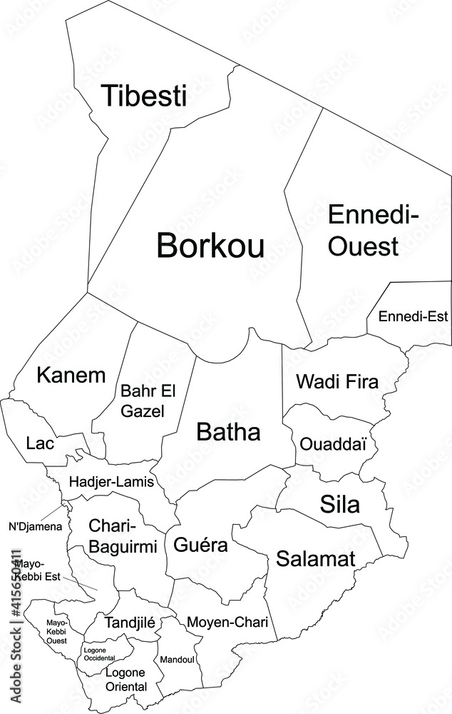 White vector map of Chad with black borders and names of its regions