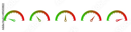 Speedometers showing ascending speed icon. Indicator with arrow green beginning progress and turning into red dangerous assessment performance and vector quality.