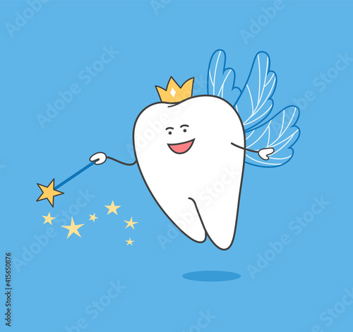 Tooth Fairy. Cartoon Tooth Fairy with magic wand and wings. Dental illustration.