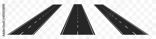 Straight highways. Black coil line asphalt with white dotted line going in right direction difficulties of life path with constantly changing events vector priorities.