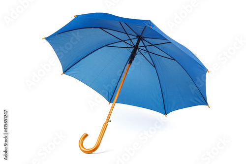 Blue umbrella cane in open position isolated on white. Close-up. Full depth of field.