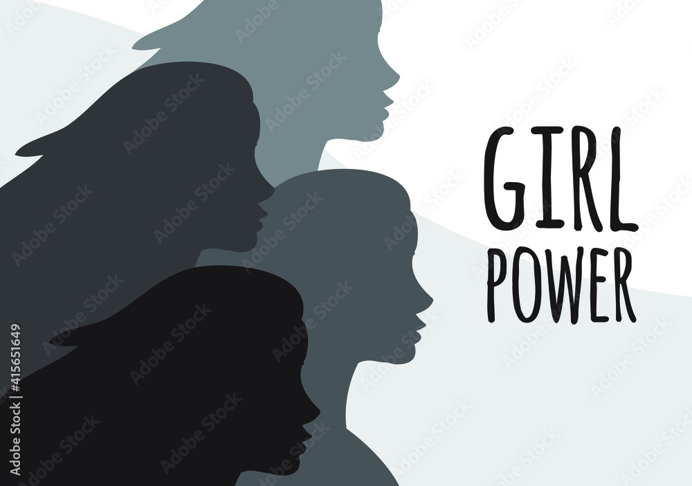 Vector flat banner with different color women silhouette and girl power lettering isolated on white background. International women’s day equality illustration