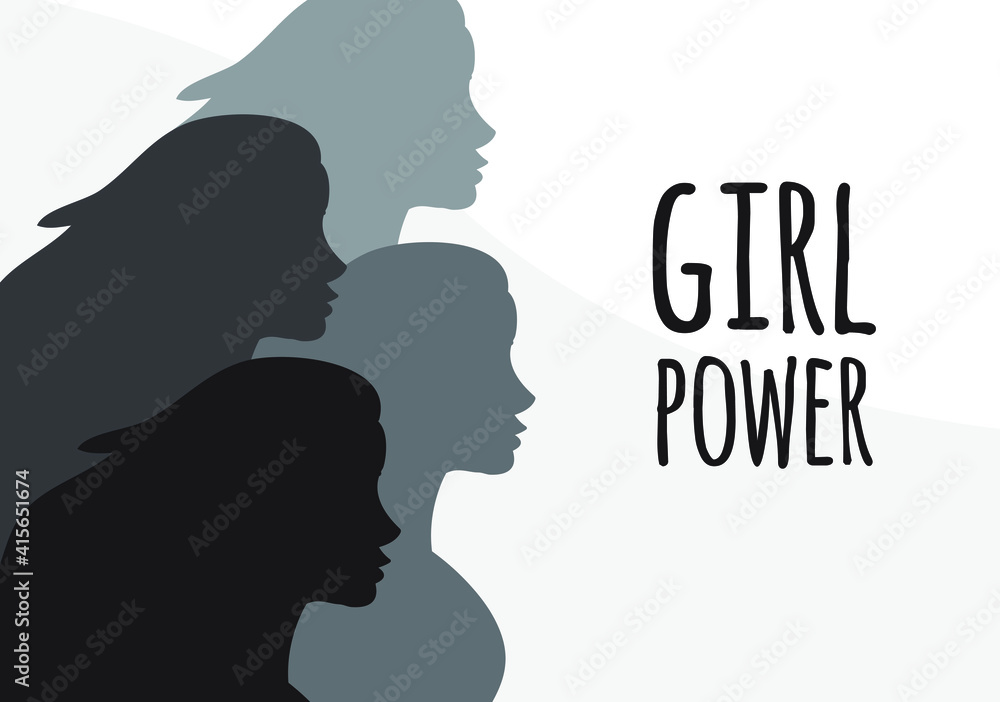 Vector flat banner with different women silhouette and girl power lettering isolated on black background. International women’s day equality illustration