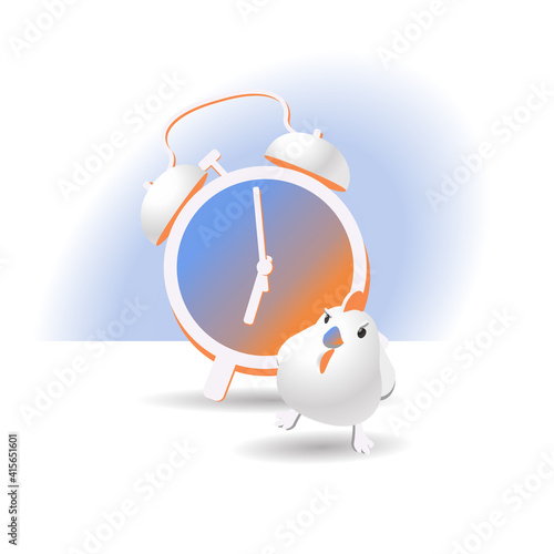 Realistic vector illustration of an alarm clock. The alarm clock rings and the bird rejoices in the new day