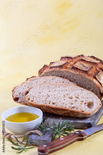 Freshly baked artisanal bread and olive oil.