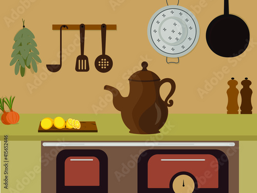the interior of the kitchen. Vector image of kitchen and kitchen utensils