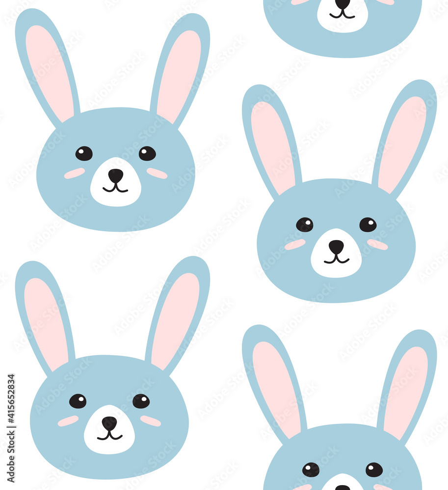 Vector seamless pattern of blue flat doodle hand drawn colored rabbit bunny face isolated on white background Vector seamless pattern of blue flat doodle hand drawn colored rabbit bunny face isolated on white background