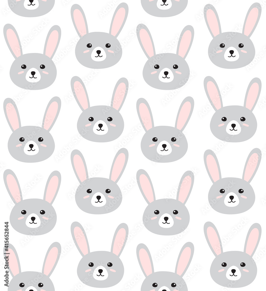 Fototapeta premium Vector seamless pattern of flat doodle hand drawn colored rabbit bunny face isolated on white background