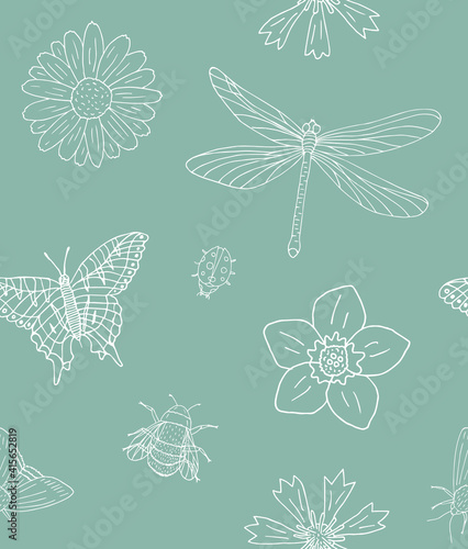 Vector seamless pattern of white hand drawn doodle sketch insects and flowers isolated on mint background