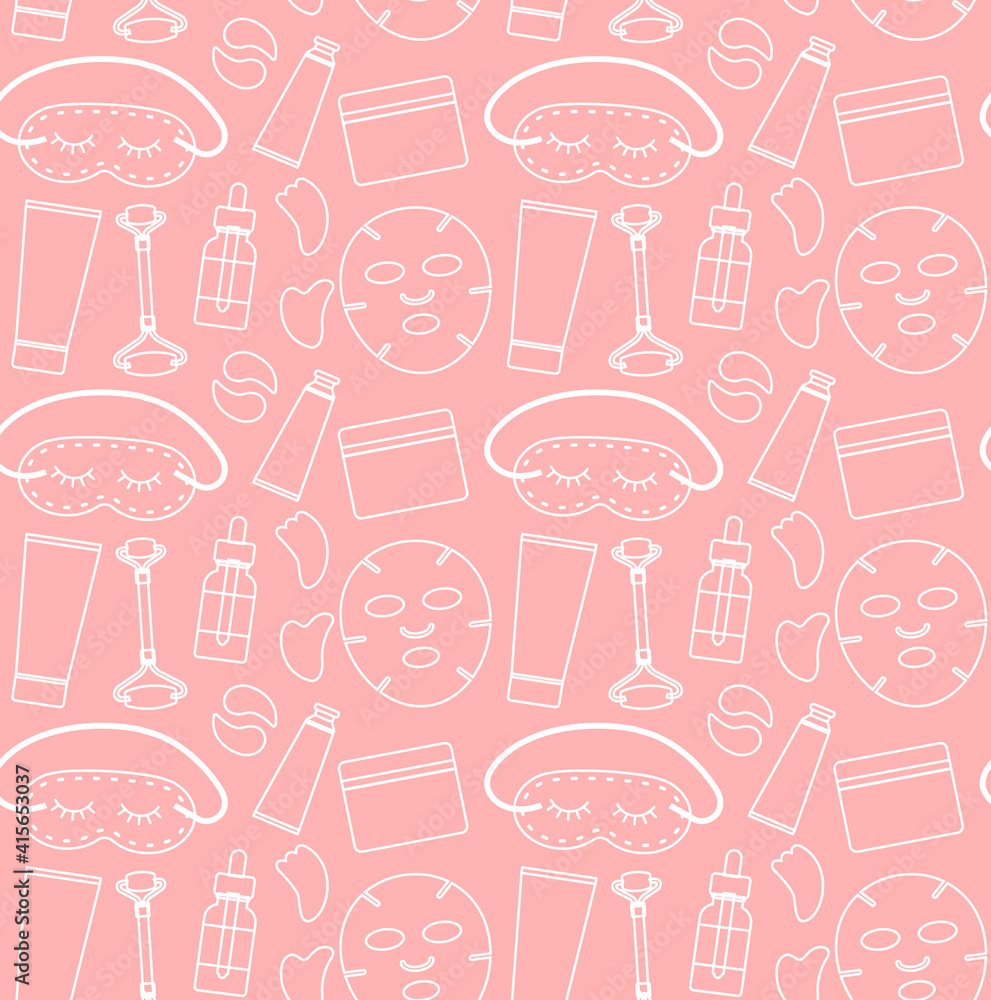 Vector seamless pattern of white flat cosmetic isolated on pink background