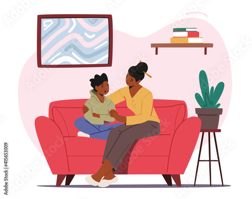 Mother Comforting Child Sitting on Sofa in Living Room. Mom and Son Talking of Problems, Parent Support and Embrace Boy