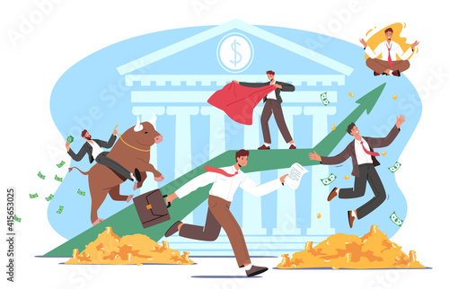 People Trading on Bull Stock Market. Businesspeople Brokers, Traders Characters Buying and Selling Bonds on Rising Price