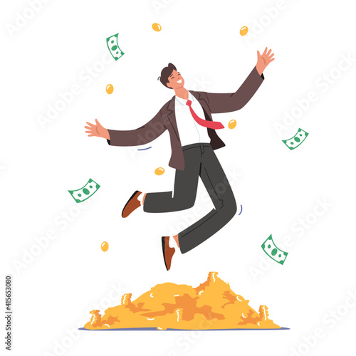 Business Growth, Wealth and Prosperity Concept. Rich Business Man Character Jump on Pile of Golden Coins, Millionaire