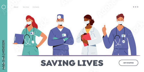 Doctor Characters in Medical Robe in Row Landing Page Template. Hospital Healthcare Staff with Stethoscope, Medics