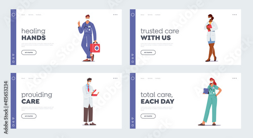 Hospital Healthcare Staff Occupation Landing Page Template Set. Doctor Characters in Medical Robe with Stethoscope, Medics