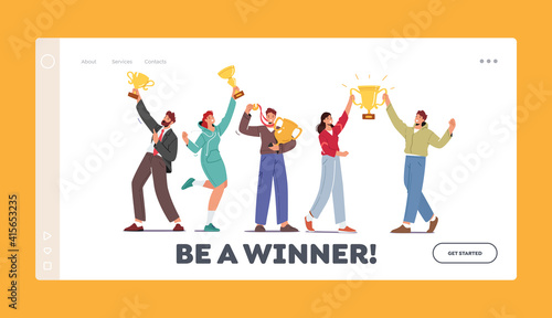 Business Team Project Success Landing Page Template. Group of Characters Holding Golden Cups Celebrate Victory © Hanna Syvak