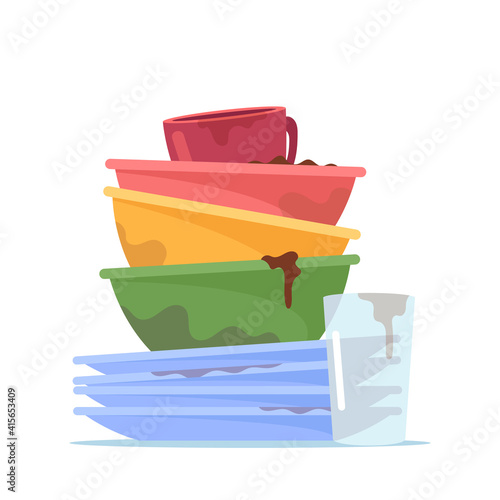 Dirty Dishes Pile, Stack of Plates, Cup and Water Glass to Wash, Unhygienic Utensils, Untidy Crockery or Kitchenware