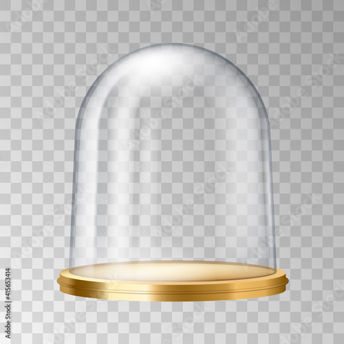 Realistic cake stand domes. 3d detailed wooden tray with spherical glass cover