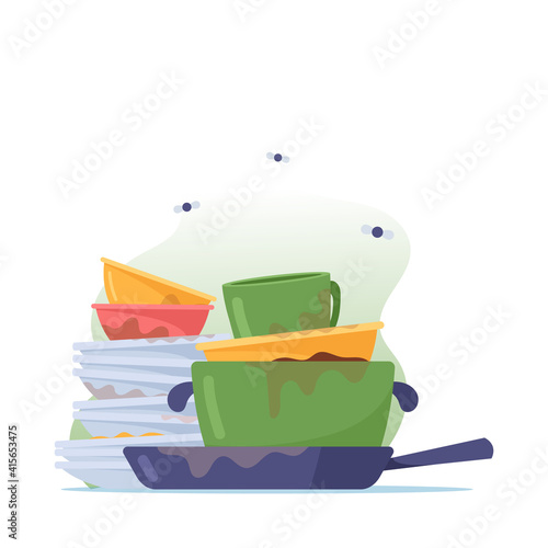 Dirty Pile of Dishes, Stack of Plates, Mugs and Frying Pan to Wash, Unhygienic Stinky Utensils, Crockery or Kitchenware