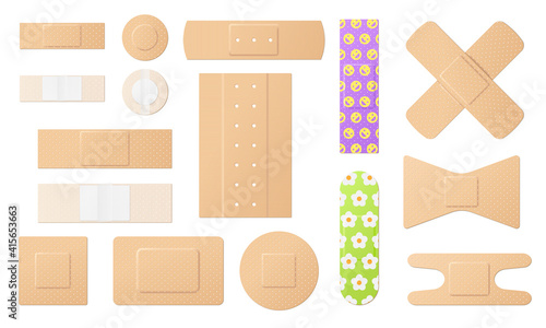 Set of medical patches and adhesive bandages isolated on white background, 3d templates