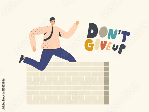 Successful Leader Business Man Character Jumping over the Wall, Businessman Running Sprint Race with Barrier, Leadership