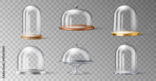 Set of realistic cake stand with glass domes cover on transparent background in 3d design photo