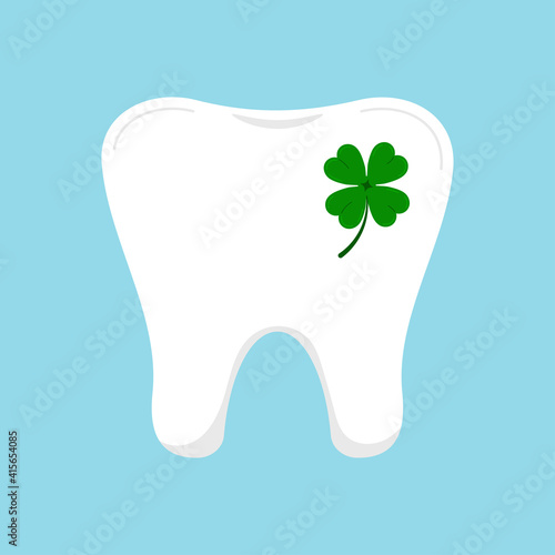 LLucky tooth with clover icon isolated. Dental molar tooth sign with four leaves clover - ggod luck symbol. Flat design cartoon vector logo illustration.
