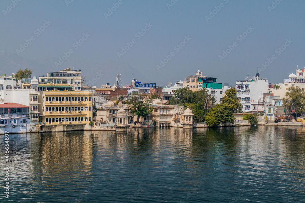 Buildings by Pichola lake in Udaipur, Rajasthan state, India