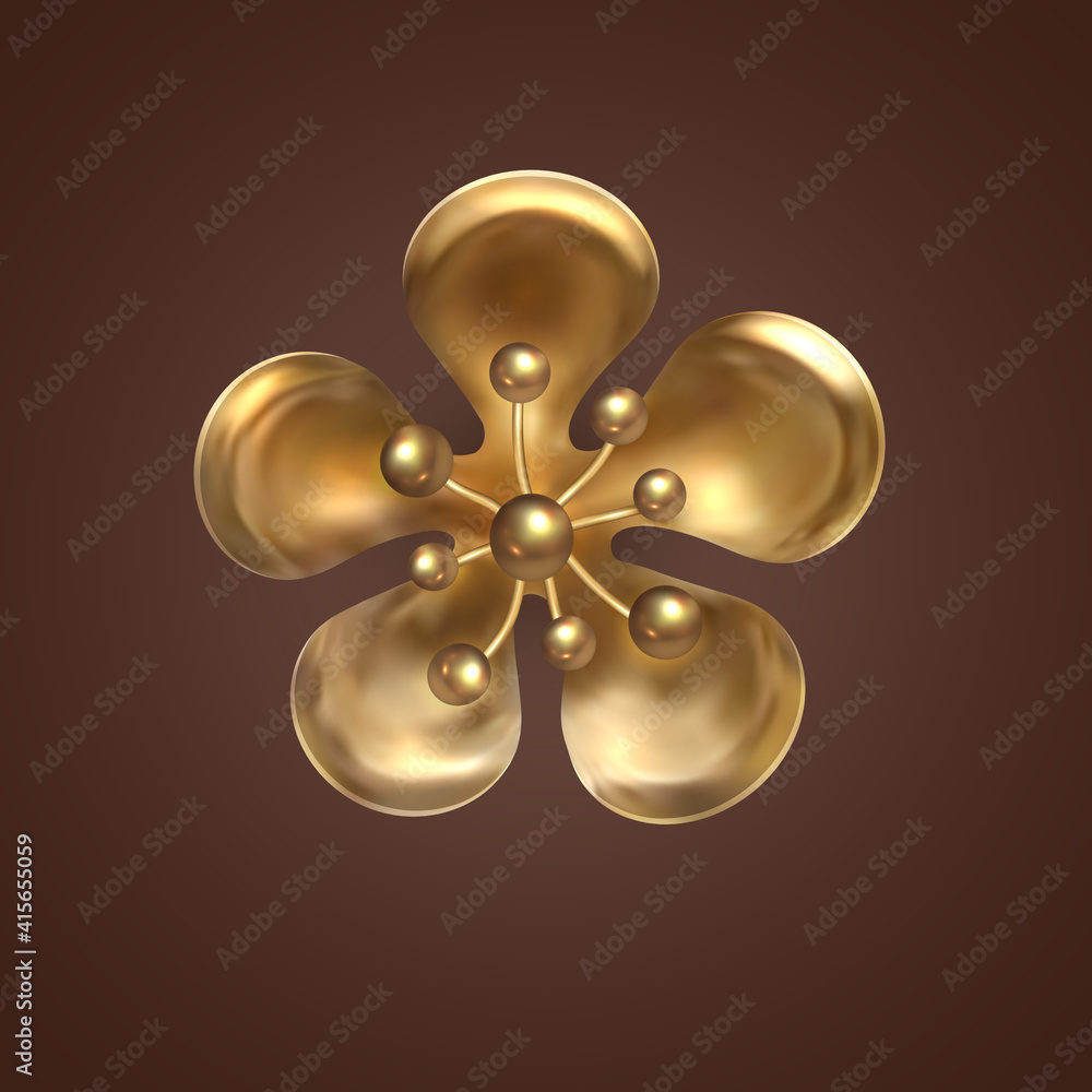Golden sakura flower. Gold decoration. Decorative design element of gold metal jewelry, solated flower of Japanese cherry on brown background