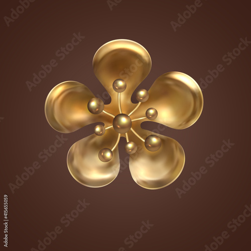 Golden sakura flower. Gold decoration. Decorative design element of gold metal jewelry, solated flower of Japanese cherry on brown background