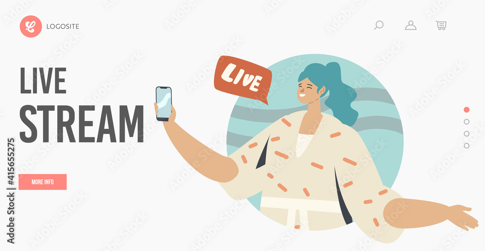 Live Stream Landing Page Template. Woman with Smartphone in Hand Watching Vlog, Communicating in Network Online Live Stream Landing Page Template. Woman with Smartphone in Hand Watching Vlog, Communicating in Network Online