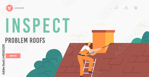 Worker Inspect Roof Problems Landing Page Template. Character on with Climbing Equipment Conduct Roofing Works