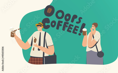 Clumsiness, Accident on Street or Office. Businessman in Trouble with Drink. Clumsy Character Spill Coffee on T-shirt