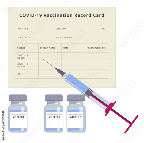 Vaccination against covid-19. Syringe, different vaccines, vaccination record card. Vector