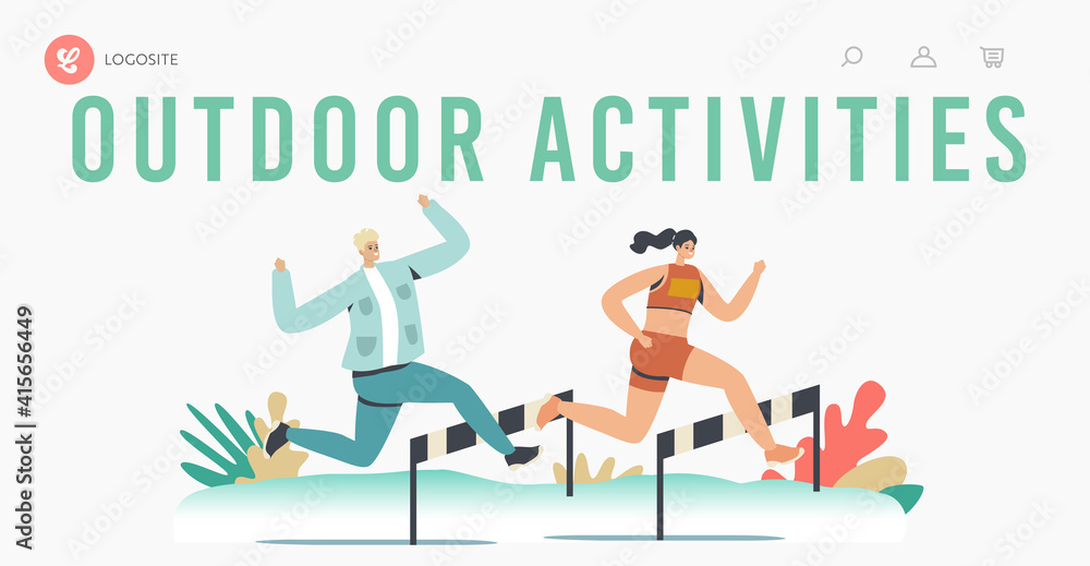 Outdoor Activities Landing Page Template. Happy Man and Woman Running with Obstacles on Stadium, Active Life, Sport