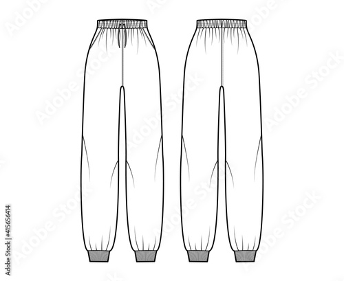 Sweatpants technical fashion illustration with elastic cuffs, normal waist, high rise, drawstrings. Flat knit training trousers apparel template front, back, white color. Women men unisex CAD mockup