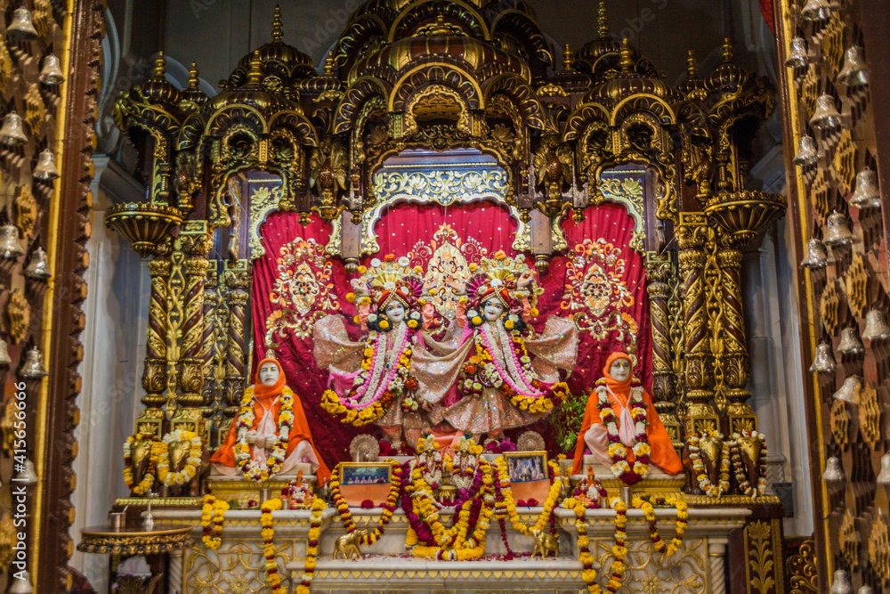 VRINDAVAN, INDIA - FEBRUARY 18, 2017: Deities in Krishna Balaram Mandir temple (Temple of ISKCON organisation) in Vrindavan, Uttar Pradesh state, India