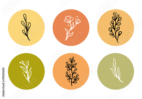 Set of floral elements, flower, leaves. Hand drawn sketch pencil style. Perfect for instagram story highlight icon, social media, blog.